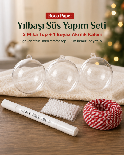 Yılbaşı Topu Boyama 3 adet Şeffaf Top , Beyaz Akrilik Kalem , Kar Tozu , 5 mt. İp 6 cm Top Seti