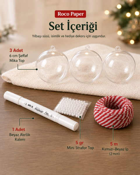 Yılbaşı Topu Boyama 3 adet Şeffaf Top , Beyaz Akrilik Kalem , Kar Tozu , 5 mt. İp 6 cm Top Seti