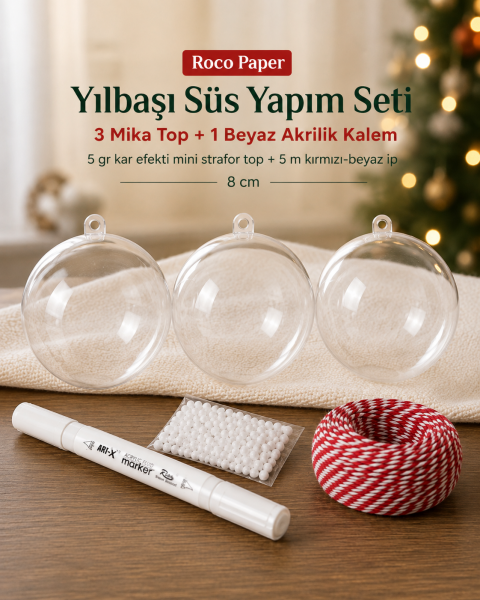 Yılbaşı Topu Boyama 3 adet Şeffaf Top , Beyaz Akrilik Kalem , Kar Tozu , 5 mt. İp 8 cm Top Seti
