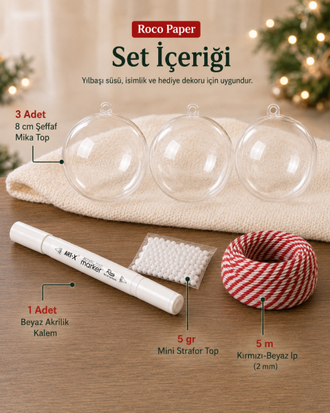 Yılbaşı Topu Boyama 3 adet Şeffaf Top , Beyaz Akrilik Kalem , Kar Tozu , 5 mt. İp 8 cm Top Seti