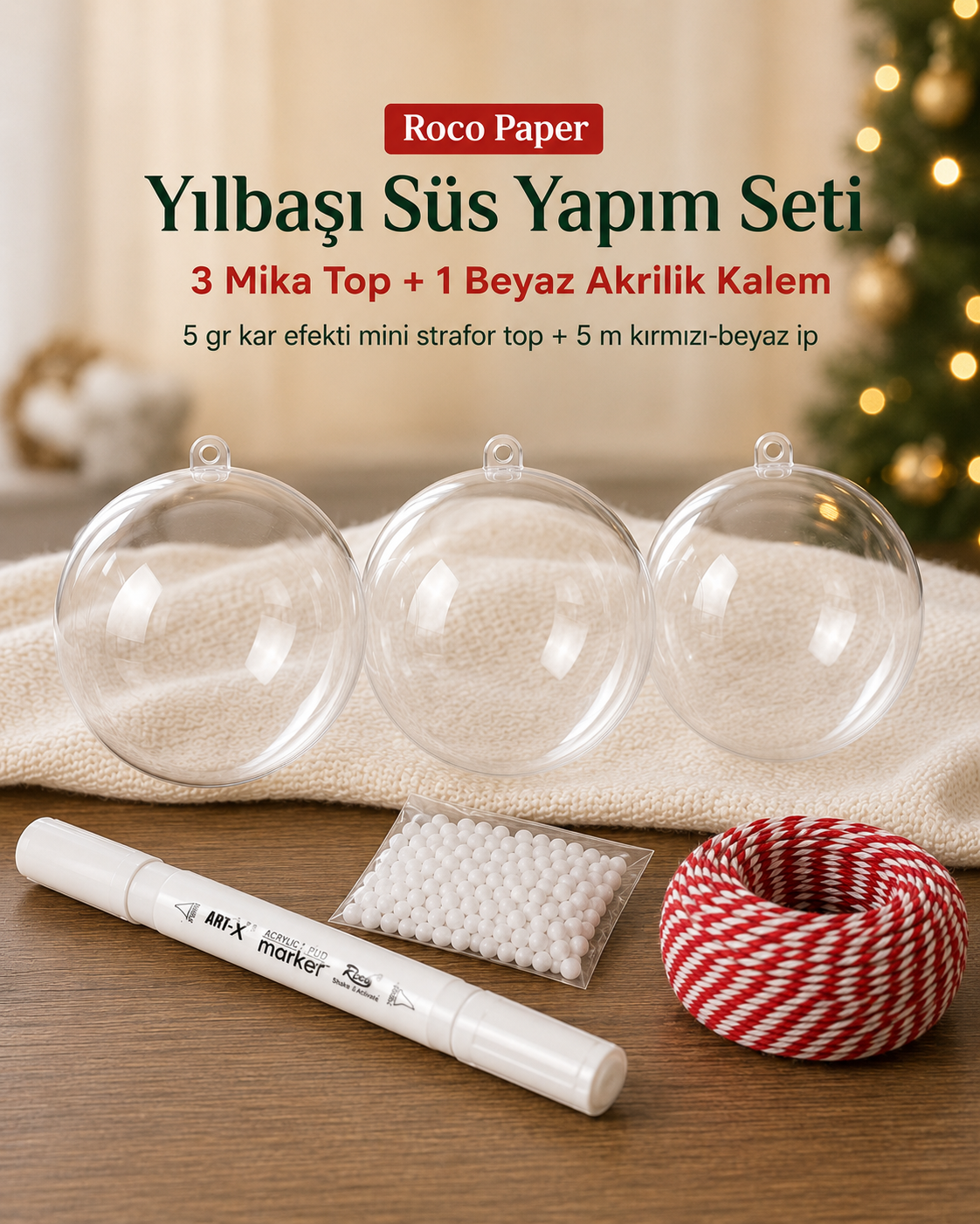 Yılbaşı Topu Boyama 3 adet Şeffaf Top , Beyaz Akrilik Kalem , Kar Tozu , 5 mt. İp 10 cm Top Seti