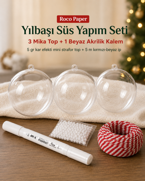Yılbaşı Topu Boyama 3 adet Şeffaf Top , Beyaz Akrilik Kalem , Kar Tozu , 5 mt. İp 10 cm Top Seti