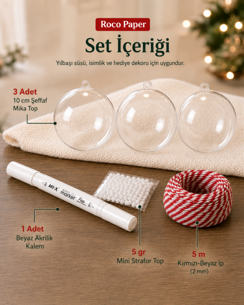 Yılbaşı Topu Boyama 3 adet Şeffaf Top , Beyaz Akrilik Kalem , Kar Tozu , 5 mt. İp 10 cm Top Seti
