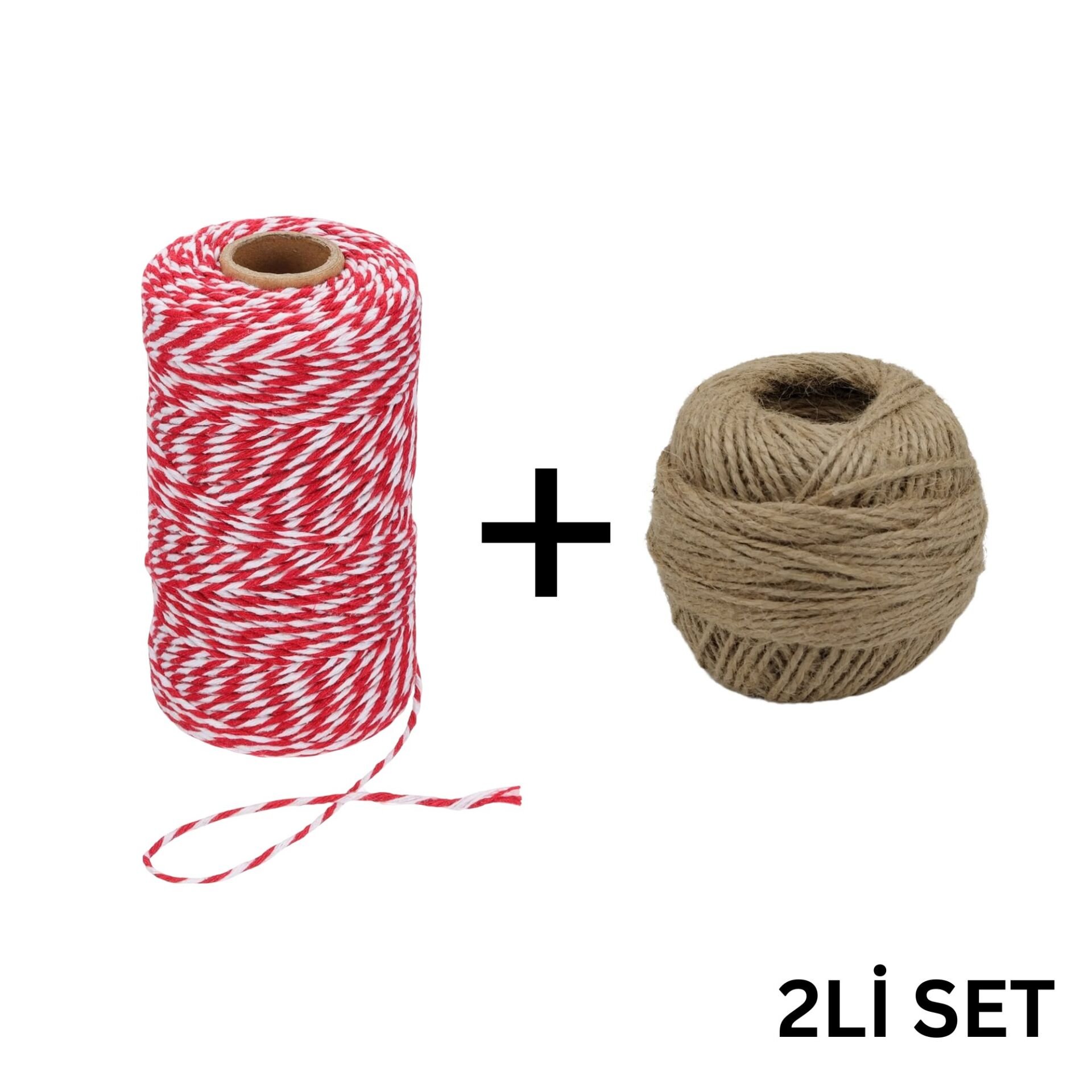 Kırmızı Beyaz Twine Baker(200 m) ve Jüt İp(100 m) Seti | Hediye Paketleme, Ambalaj ve Süsleme İpleri