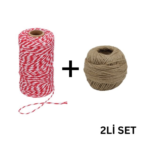 Kırmızı Beyaz Twine Baker(200 m) ve Jüt İp(100 m) Seti | Hediye Paketleme, Ambalaj ve Süsleme İpleri