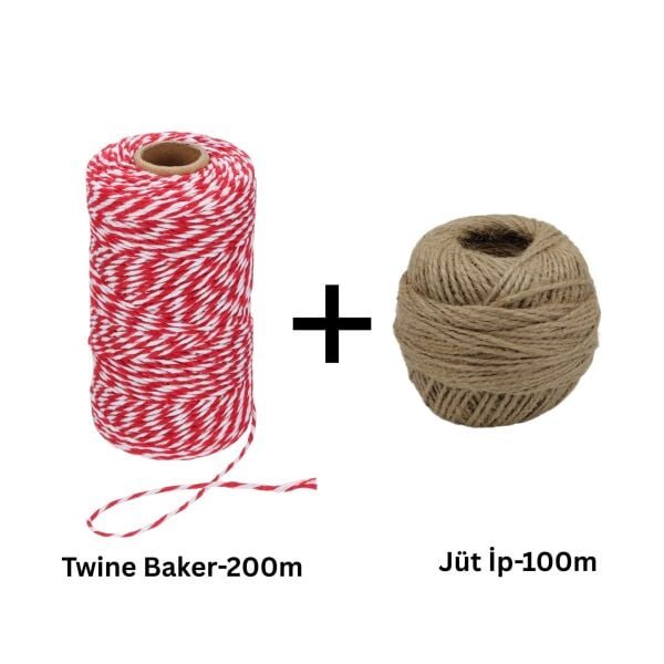 Kırmızı Beyaz Twine Baker(200 m) ve Jüt İp(100 m) Seti | Hediye Paketleme, Ambalaj ve Süsleme İpleri