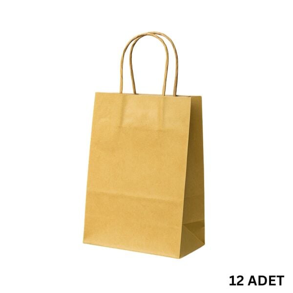 Büküm Saplı Mini Kağıt Çanta Seti-12li, Parti, Doğum Günü, Hediye Çantaları, 11x15x6 Cm, Taba Renk