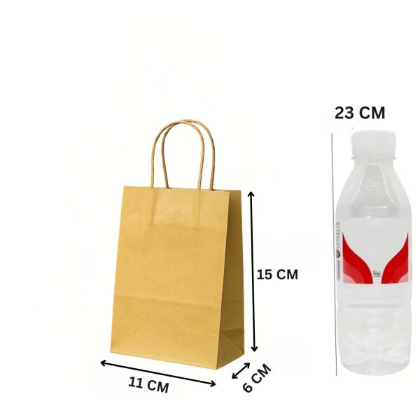 Büküm Saplı Mini Kağıt Çanta Seti-12li, Parti, Doğum Günü, Hediye Çantaları, 11x15x6 Cm, Taba Renk