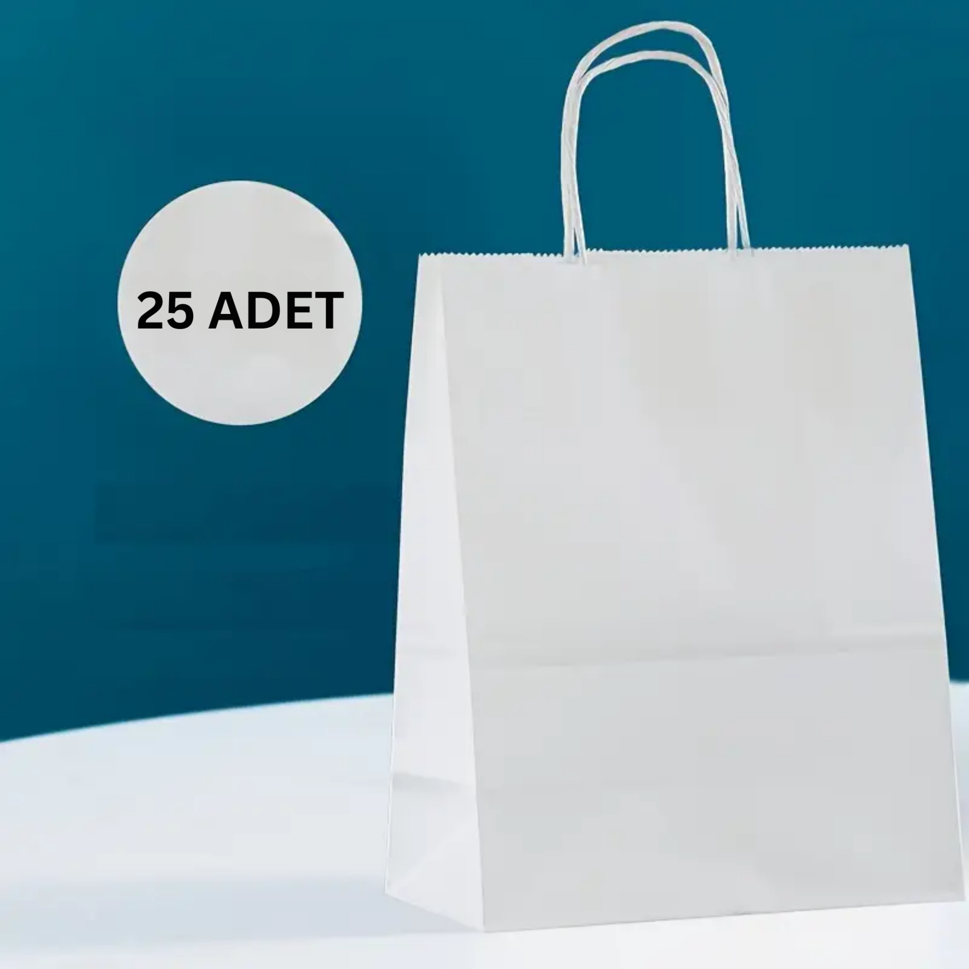 Büküm Saplı Kağıt Poşet Çanta 8x18x24 cm – Hediye ve Alışveriş Çantası, 25 Adet, Beyaz Renk