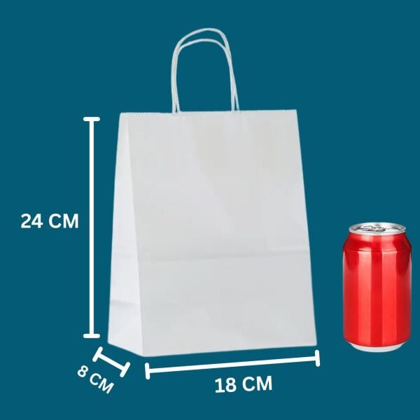 Büküm Saplı Kağıt Poşet Çanta 8x18x24 cm – Hediye ve Alışveriş Çantası, 25 Adet, Beyaz Renk