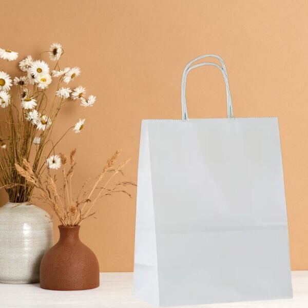 Büküm Saplı Kağıt Poşet Çanta 8x18x24 cm – Hediye ve Alışveriş Çantası, 25 Adet, Beyaz Renk