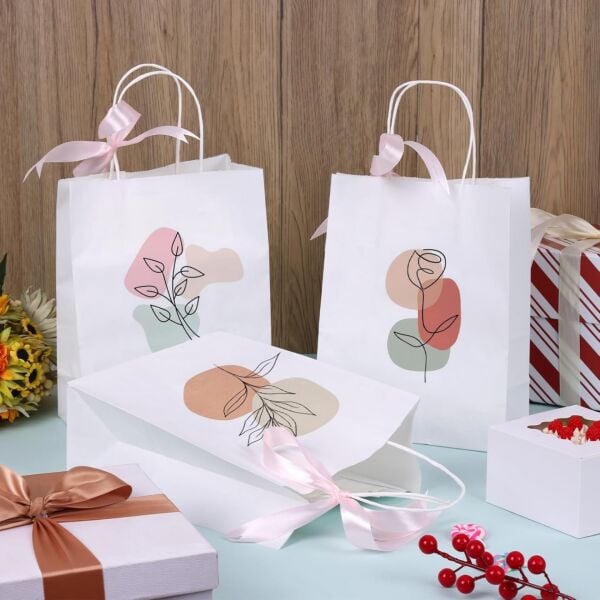 Büküm Saplı Kağıt Poşet Çanta 8x18x24 cm – Hediye ve Alışveriş Çantası, 25 Adet, Beyaz Renk