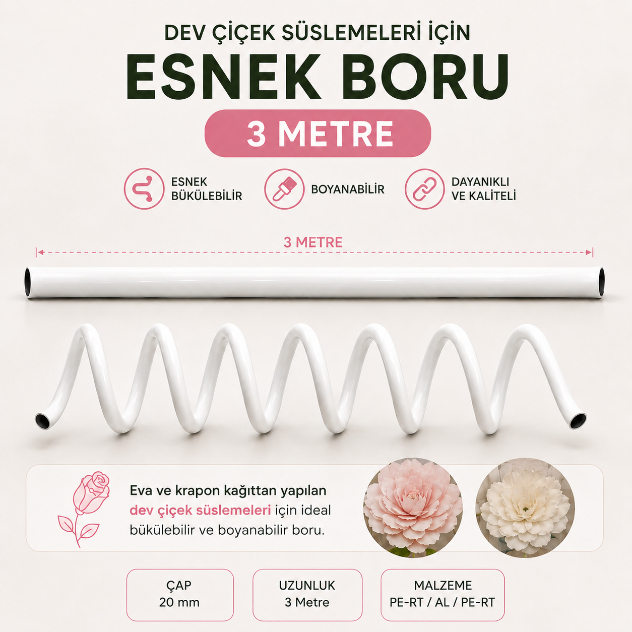 Dev Çiçek Yapım Borusu, Eva, Krapon, Organze Tül İçin Esnek, Boyanabilir Dekoratif Boru, 3 METRE