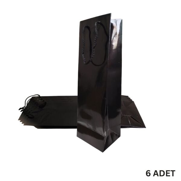 Şişe Taşıma Çantası, Şişelik, Hediye, Alışveriş, Parti için Karton Çanta, Siyah, 6 Adet, 38x12x10 Cm