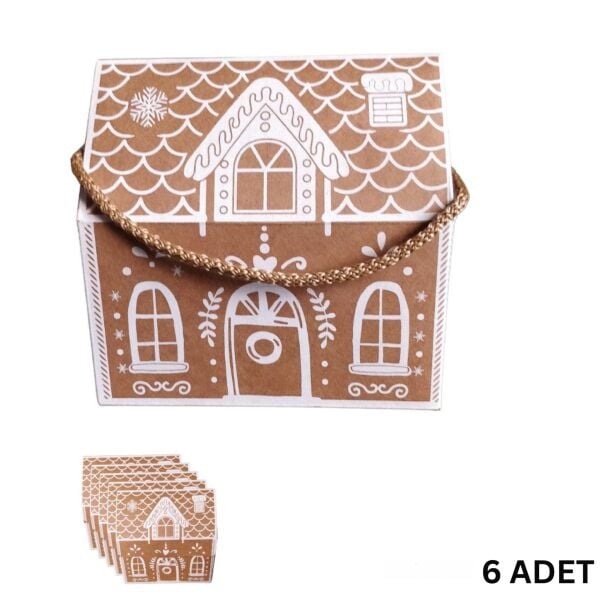 Yılbaşı Ev Tasarımlı Kutu Çanta, Dekoratif Yeniyıl, Düğün Hediye Çantası,Baskılı-6lı, 9.5x14.5x15 Cm