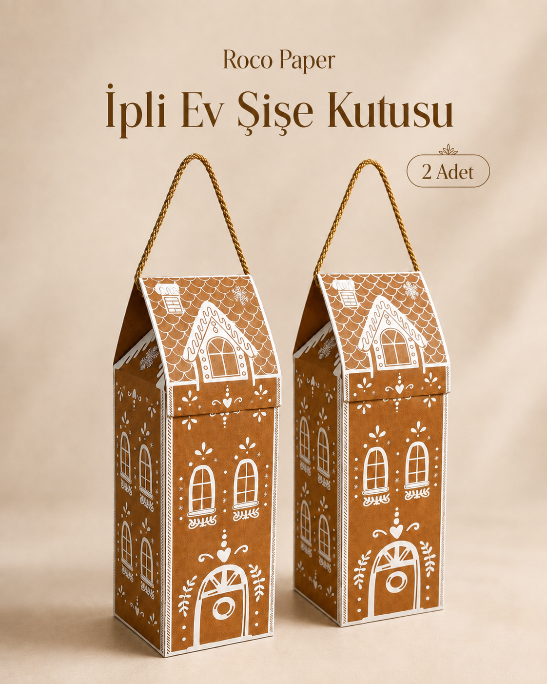Yılbaşı Ev Tasarımlı Şişe Kutu Çanta, Dekoratif Yeniyıl, Düğün Hediye Çantası,Baskılı Paket 2'li
