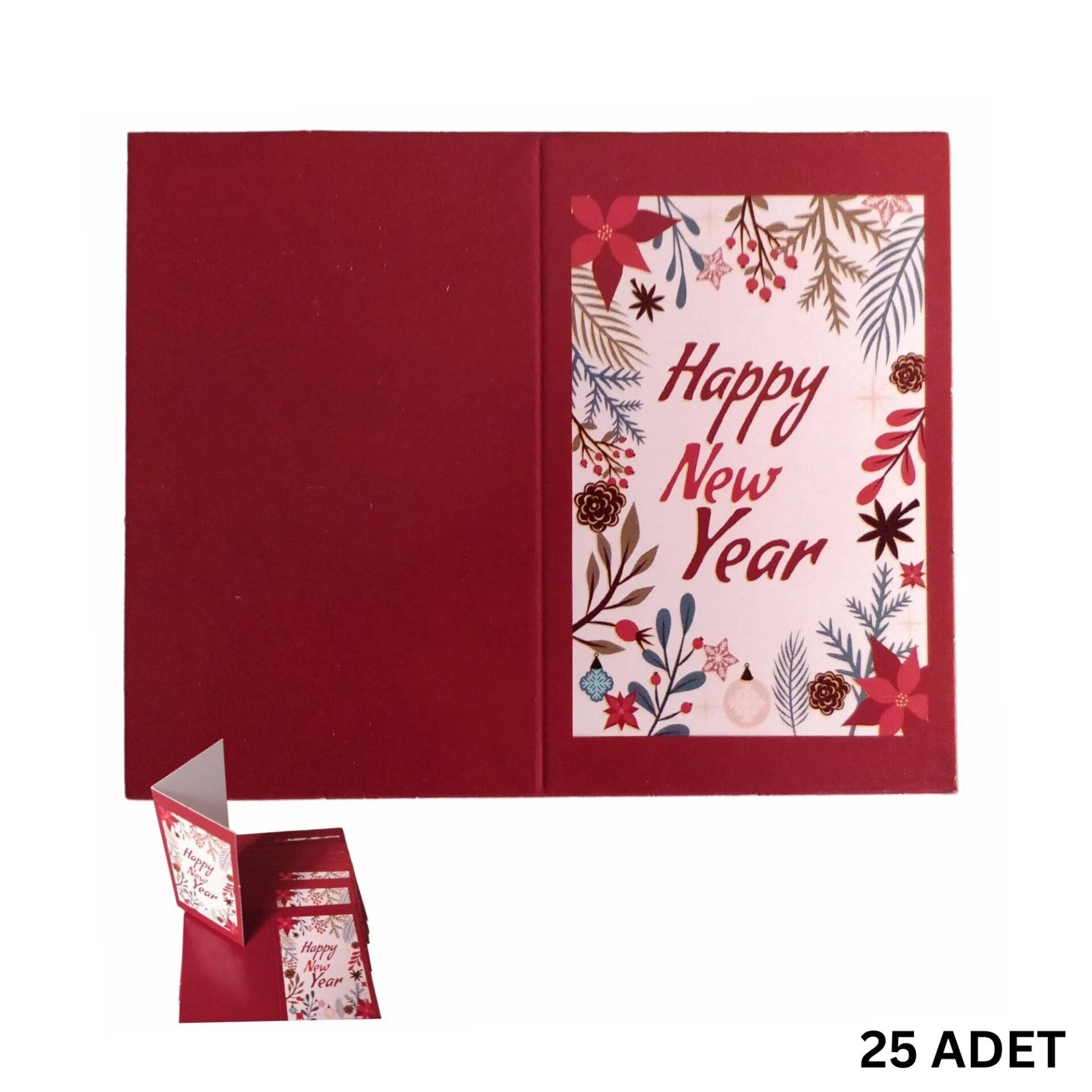 Yılbaşı Happy New Year Yazılı Hediye Kartı - Yeniyıl Tebrik & Not Kartı, 25 Adet, Kırmızı, 5x8 Cm