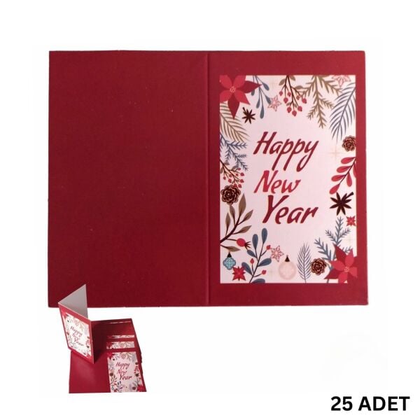 Yılbaşı Happy New Year Yazılı Hediye Kartı - Yeniyıl Tebrik & Not Kartı, 25 Adet, Kırmızı, 5x8 Cm