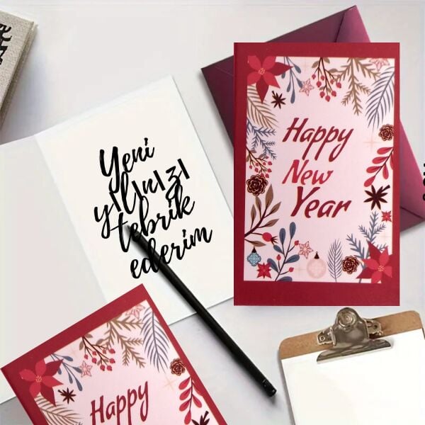 Yılbaşı Happy New Year Yazılı Hediye Kartı - Yeniyıl Tebrik & Not Kartı, 25 Adet, Kırmızı, 5x8 Cm