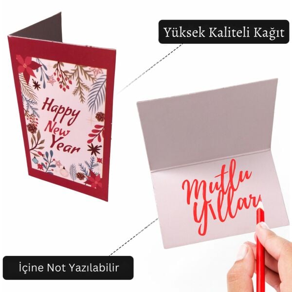 Yılbaşı Happy New Year Yazılı Hediye Kartı - Yeniyıl Tebrik & Not Kartı, 25 Adet, Kırmızı, 5x8 Cm