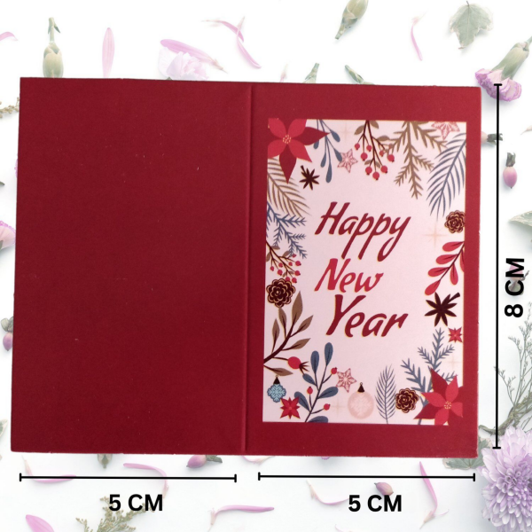 Yılbaşı Happy New Year Yazılı Hediye Kartı - Yeniyıl Tebrik & Not Kartı, 25 Adet, Kırmızı, 5x8 Cm