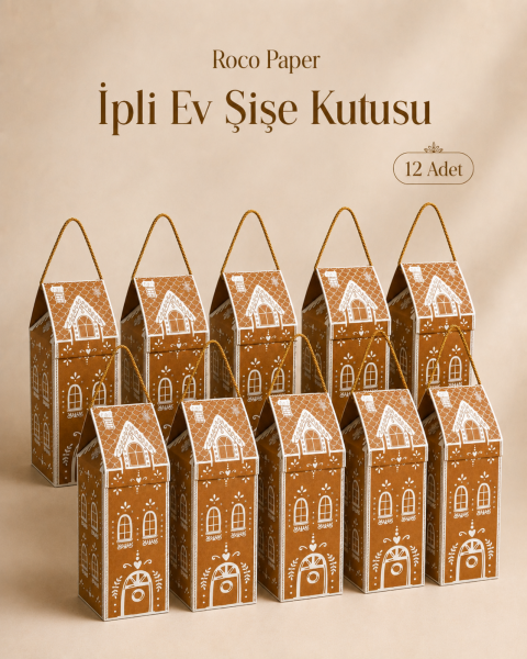 Yılbaşı Ev Tasarımlı Şişe Kutu Çanta, Dekoratif Yeniyıl, Düğün Hediye Çantası,Baskılı Paket 12'li