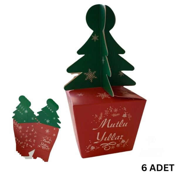 Yılbaşı Çam Ağacı Saplı Hediye Kutu, 6 Adet, Yeniyıl Parti, Dekor, Süs Kutusu, 6 x 6 x 16 Cm