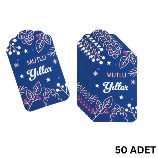Yılbaşı Mutlu Yıllar Yazılı Hediye Etiketi, Delikli Yeniyıl Paketleme Kartı, 50 Adet, 5,5 x 7 Cm