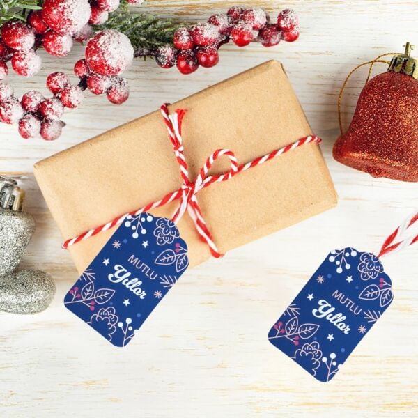 Yılbaşı Mutlu Yıllar Yazılı Hediye Etiketi, Delikli Yeniyıl Paketleme Kartı, 50 Adet, 5,5 x 7 Cm