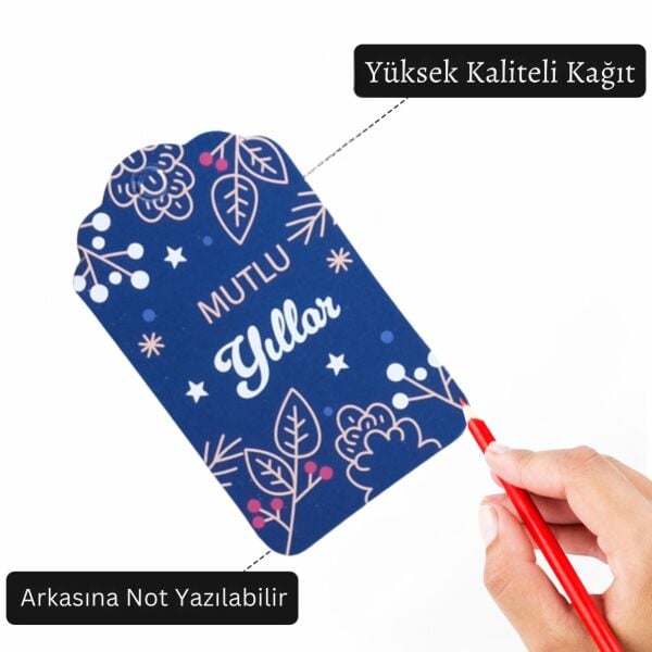 Yılbaşı Mutlu Yıllar Yazılı Hediye Etiketi, Delikli Yeniyıl Paketleme Kartı, 50 Adet, 5,5 x 7 Cm