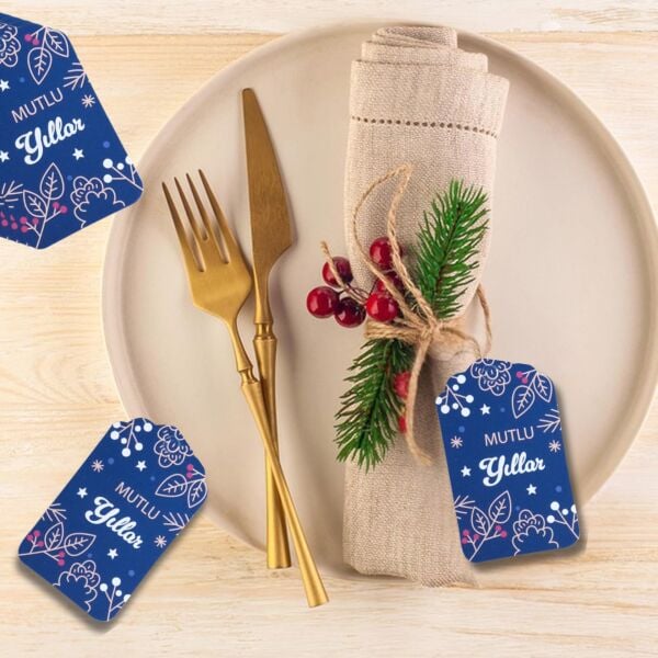 Yılbaşı Mutlu Yıllar Yazılı Hediye Etiketi, Delikli Yeniyıl Paketleme Kartı, 50 Adet, 5,5 x 7 Cm