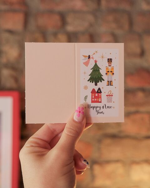 Yılbaşı Happy New Year Yazılı Hediye Kartı - Yeniyıl Tebrik & Not Kartı, 25 Adet, Krem, 5x8 Cm