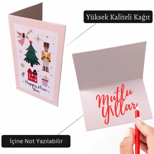 Yılbaşı Happy New Year Yazılı Hediye Kartı - Yeniyıl Tebrik & Not Kartı, 25 Adet, Krem, 5x8 Cm