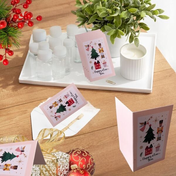 Yılbaşı Happy New Year Yazılı Hediye Kartı - Yeniyıl Tebrik & Not Kartı, 25 Adet, Krem, 5x8 Cm