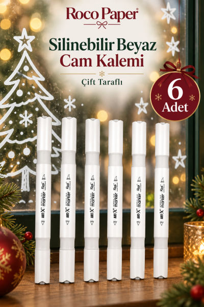 Akrilik Kalem Silinebilir Cam Kalemi - Beyaz Çift Uçlu 6 Adet
