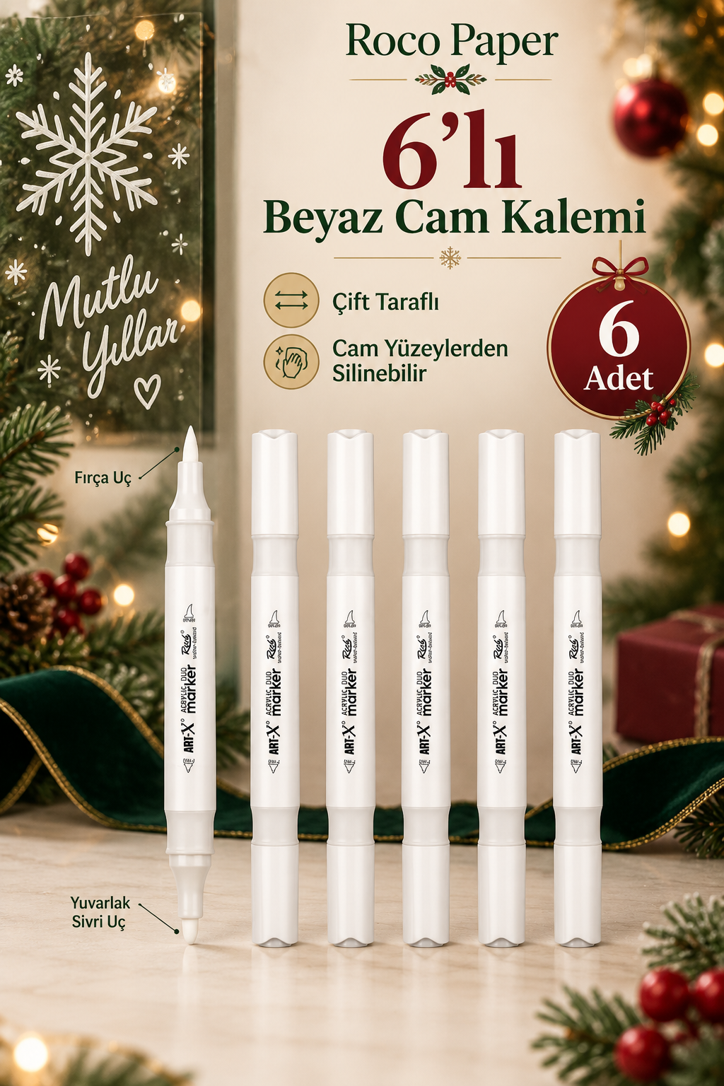 Akrilik Kalem Silinebilir Cam Kalemi - Beyaz Çift Uçlu 6 Adet