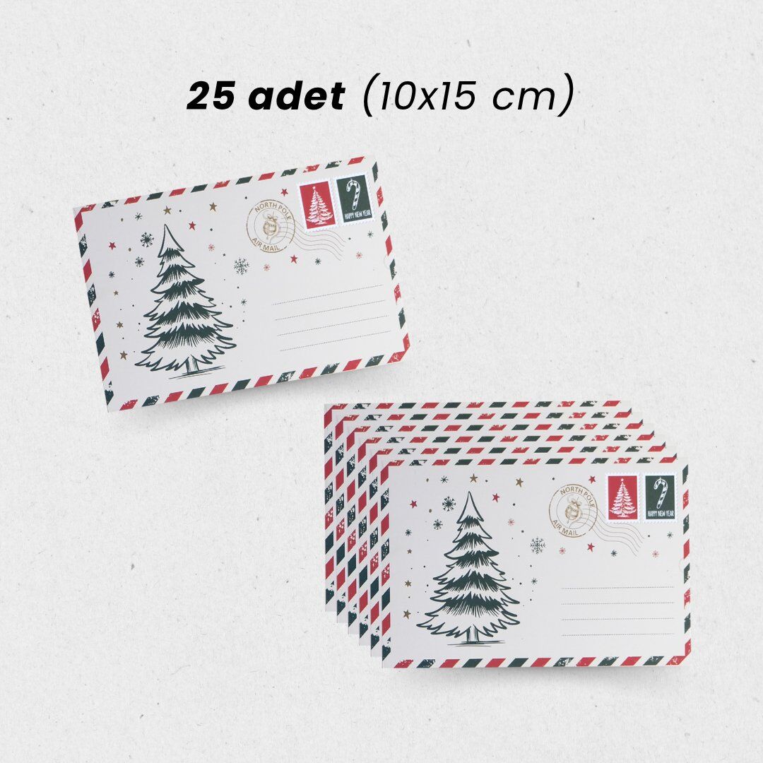 Yılbaşı Çam Ağacı Temalı Kartpostal Seti, Yeniyıl, Noel, Tebrik ve Hediye Kartları, 25 Adet, 10x15 Cm