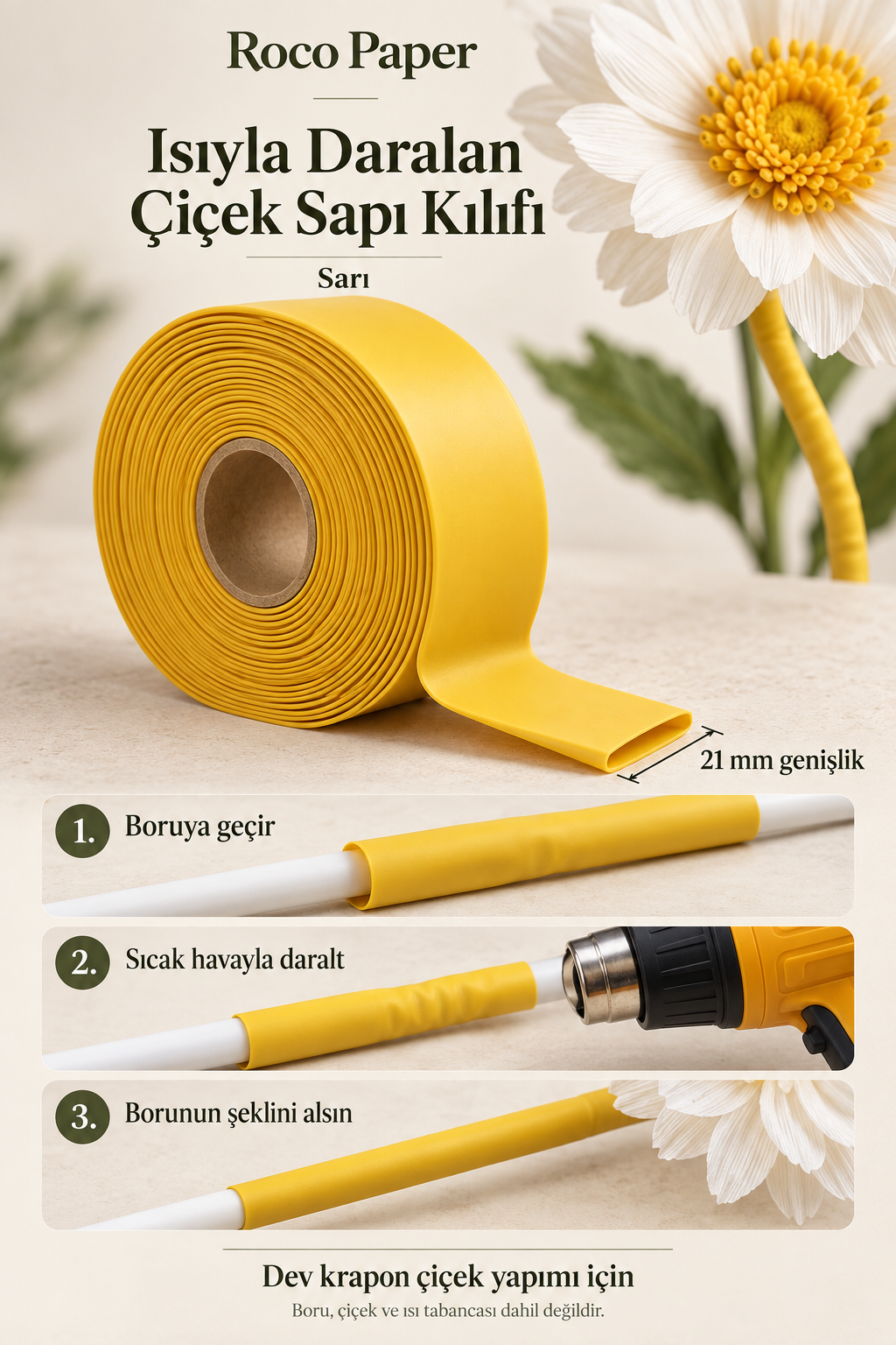 Dev Çiçek Esnek Boru Kılıfı, Isıtılınca Daralan Kılıf 21 mm. Sarı - 2 Metre