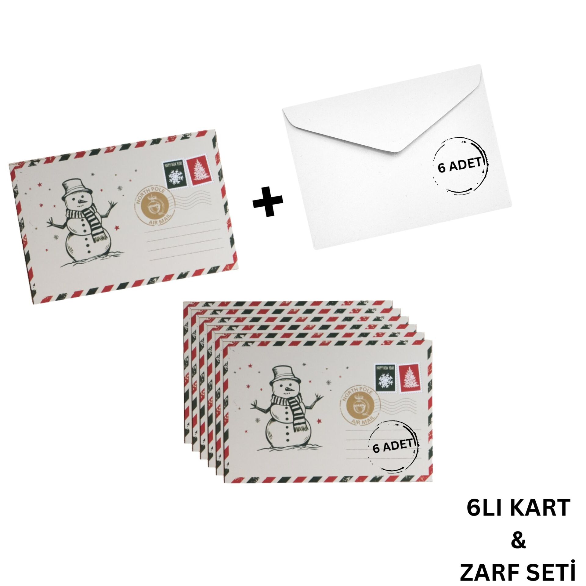 Yılbaşı Kardan Adam Kartpostal ve Zarf Seti, Yeniyıl, Noel, Tebrik ve Hediye Kartı, 6 Adet, 10x15 Cm