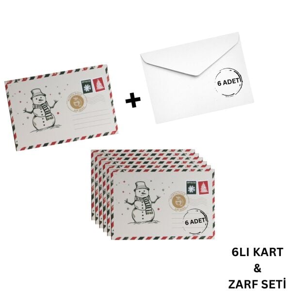 Yılbaşı Kardan Adam Kartpostal ve Zarf Seti, Yeniyıl, Noel, Tebrik ve Hediye Kartı, 6 Adet, 10x15 Cm