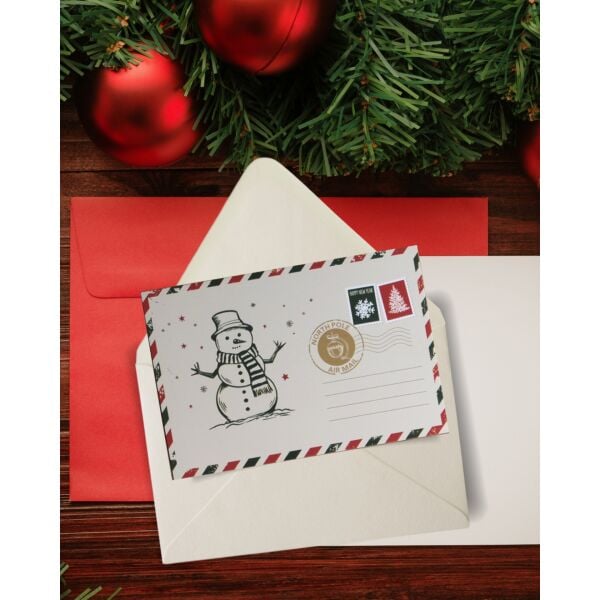 Yılbaşı Kardan Adam Kartpostal ve Zarf Seti, Yeniyıl, Noel, Tebrik ve Hediye Kartı, 6 Adet, 10x15 Cm