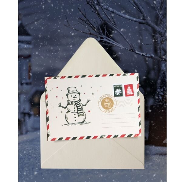 Yılbaşı Kardan Adam Kartpostal ve Zarf Seti, Yeniyıl, Noel, Tebrik ve Hediye Kartı, 6 Adet, 10x15 Cm