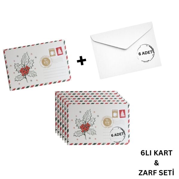 Yılbaşı Kokina Temalı Kartpostal ve Zarf Seti, Yeniyıl, Noel,Tebrik ve Hediye Kartı, 6 Adet, 10x15Cm