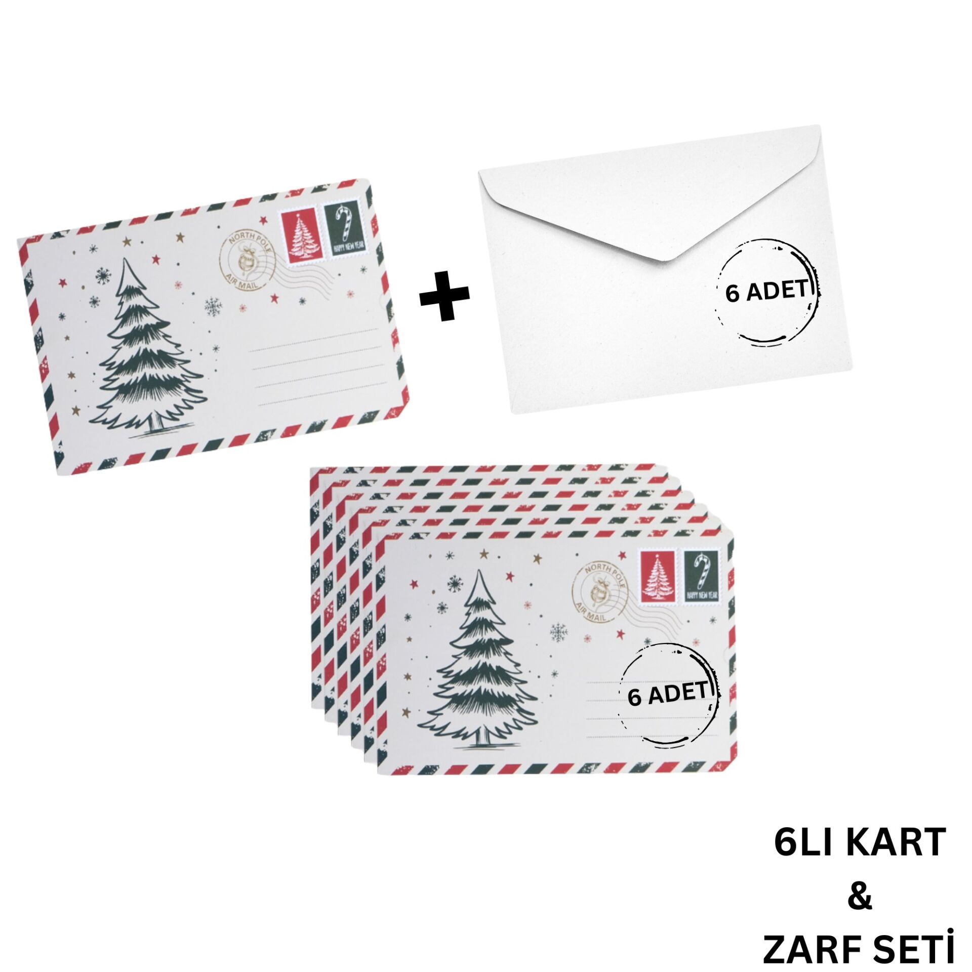Yılbaşı Çam Ağacı Temalı Kartpostal ve Zarf Seti, Yeniyıl, Tebrik ve Hediye Kartı, 6 Adet, 10x15 Cm