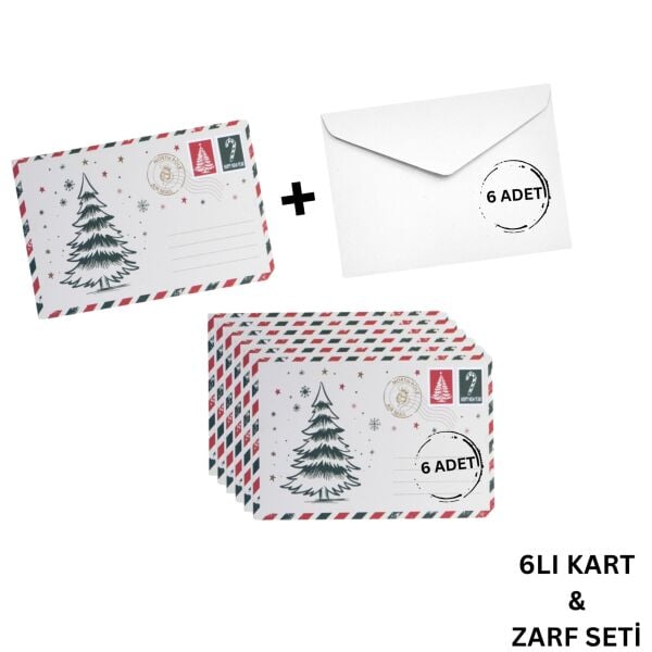 Yılbaşı Çam Ağacı Temalı Kartpostal ve Zarf Seti, Yeniyıl, Tebrik ve Hediye Kartı, 6 Adet, 10x15 Cm