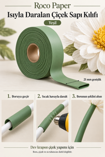 Dev Çiçek Esnek Boru Kılıfı, Isıtılınca Daralan Kılıf 21 mm. Yeşil - 3 Metre