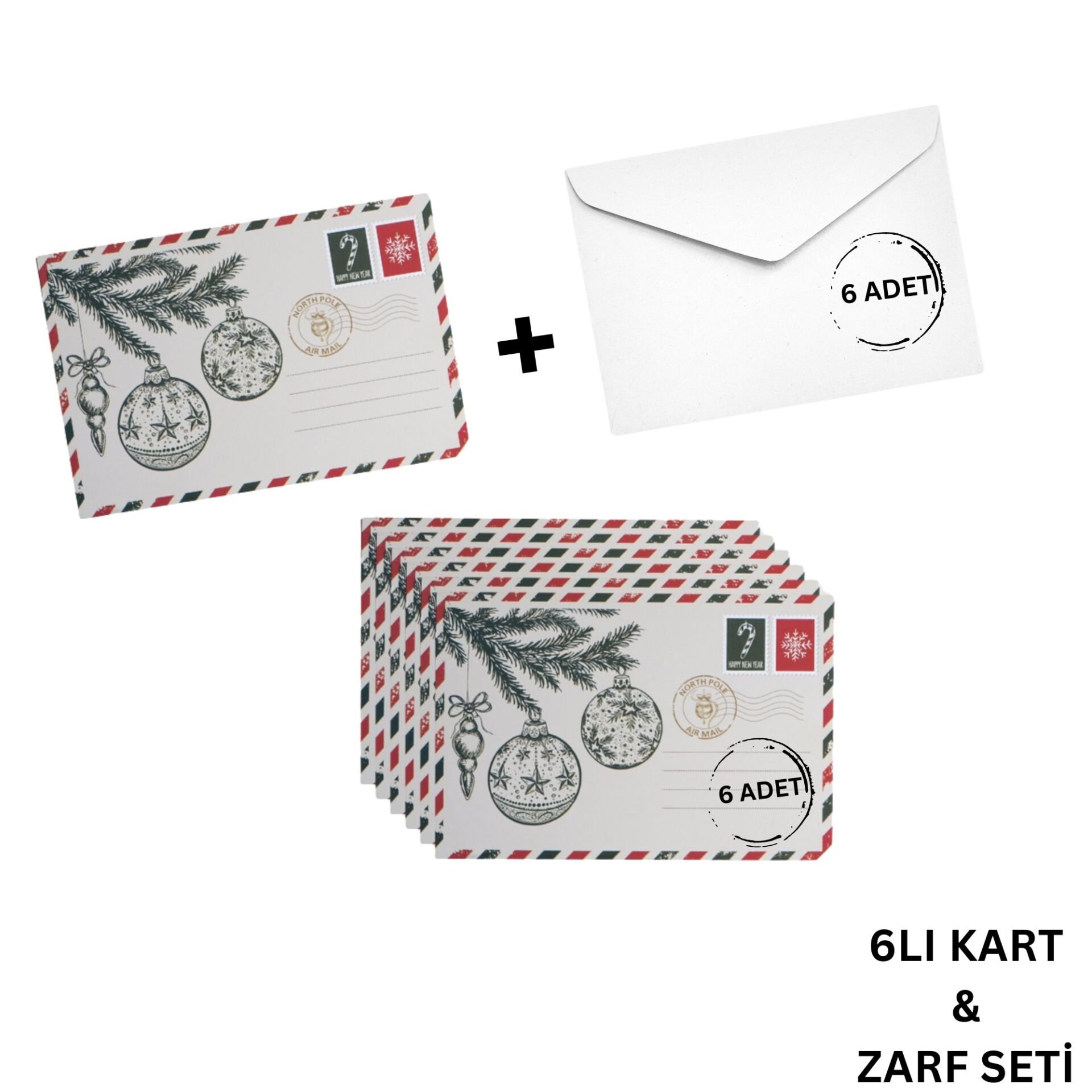 Yılbaşı Çam ve Küre Temalı Kartpostal ve Zarf Seti, Yeniyıl Tebrik ve Hediye Kartı, 6 Adet, 10x15 Cm