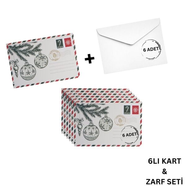 Yılbaşı Çam ve Küre Temalı Kartpostal ve Zarf Seti, Yeniyıl Tebrik ve Hediye Kartı, 6 Adet, 10x15 Cm