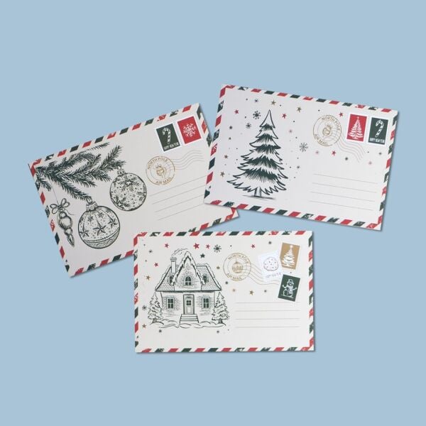 Yılbaşı Çam ve Küre Temalı Kartpostal ve Zarf Seti, Yeniyıl Tebrik ve Hediye Kartı, 6 Adet, 10x15 Cm