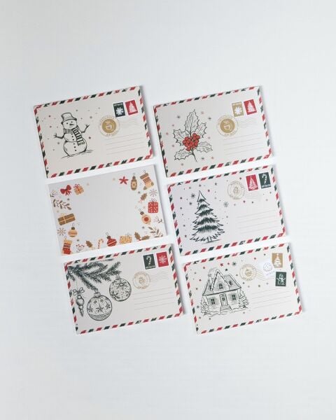 Yılbaşı Çam ve Küre Temalı Kartpostal ve Zarf Seti, Yeniyıl Tebrik ve Hediye Kartı, 6 Adet, 10x15 Cm